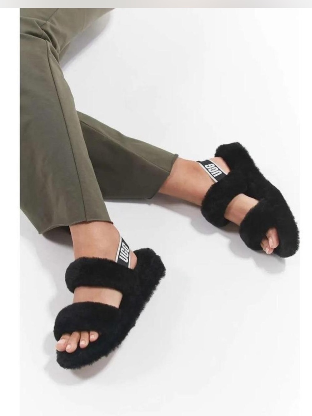 UGG oh yeah sandals size 6 black Dual-Strap Slide with Branded Heel Tab